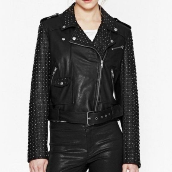 French Connection Black Leather Studded Moto Jacket Size 6 S - Picture 6 of 6